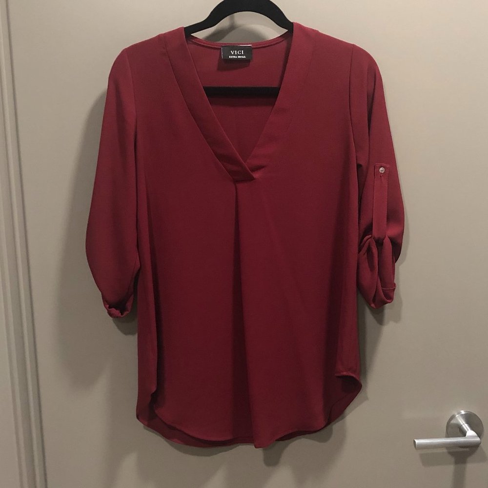 Vici Burgundy V-Neck Blouse With Button-Up Sleeves